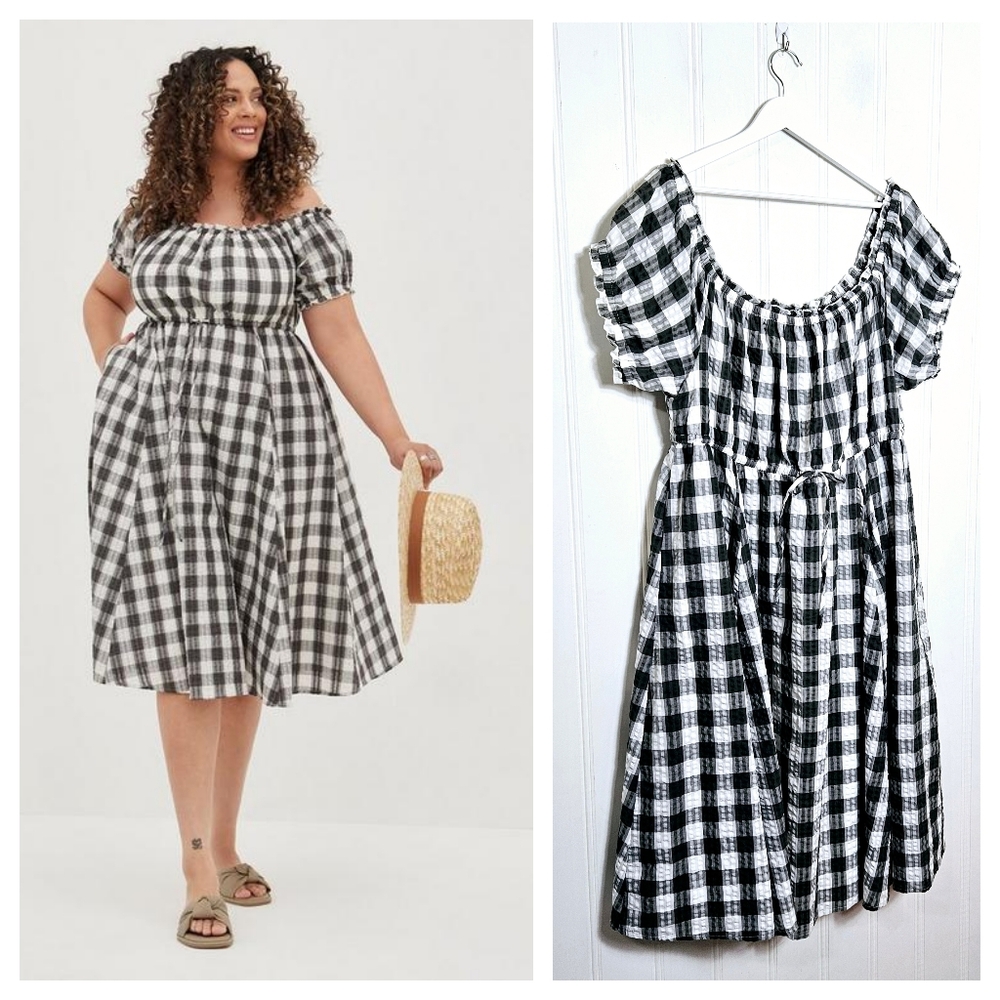 Torrid Dress Size 3X Gingham Seersucker Off Shoulder Midi Cottagecore Gray